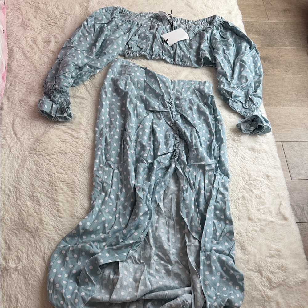 Elegant Blue Polka Dot Skirt Set
